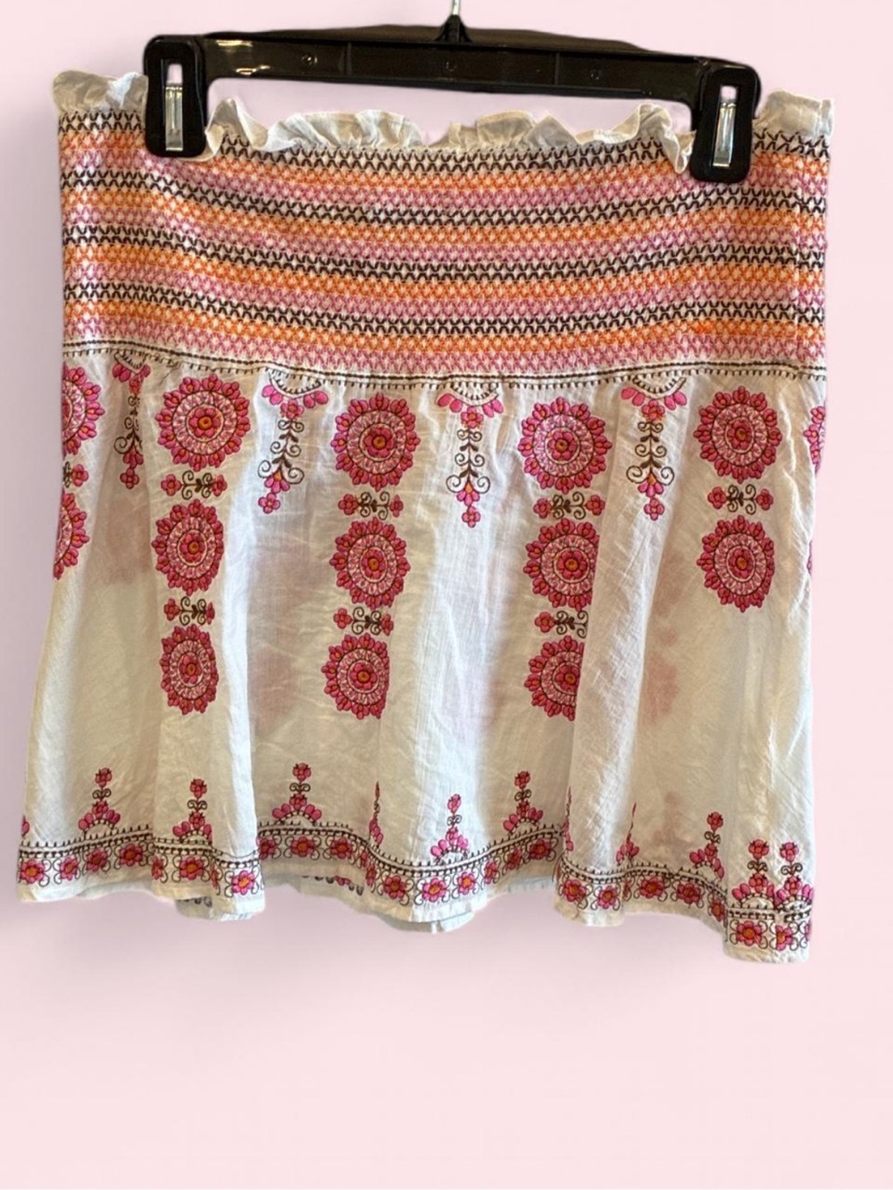 Vintage Y2K BCBGMAXAZRIA White Pink Cotton Floral Embroidered Tube Top Medium
